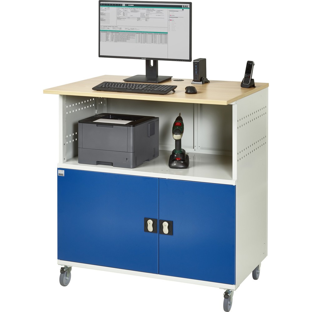 Číslo obrázka výrobku 6: Počítačový stôl RAU, v × š × h 1 150 × 1 100 × 800 mm, pracovná doska s bukovým dekorom, s 2 krídlovými dverami a elektrickou zásuvkou lištou