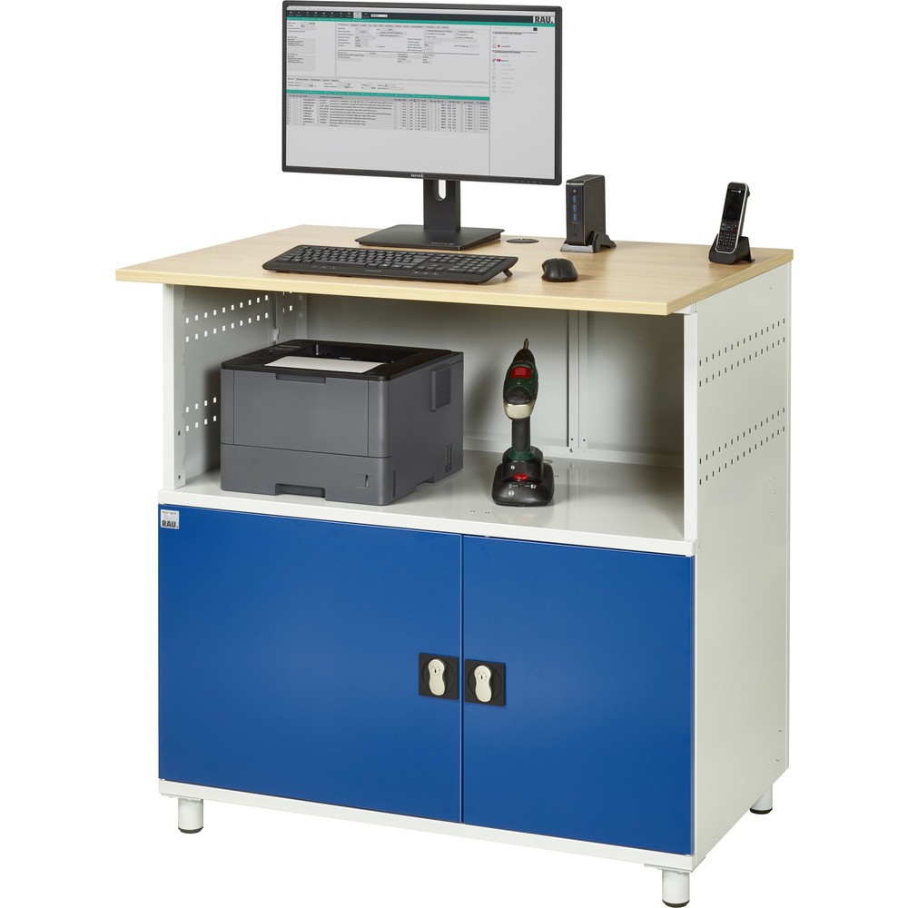 Číslo obrázka výrobku 6: Počítačový stôl RAU, v × š × h 1 100 × 1 100 × 800 mm, pracovná doska s bukovým dekorom, s 2 krídlovými dverami a elektrickou zásuvkou lištou