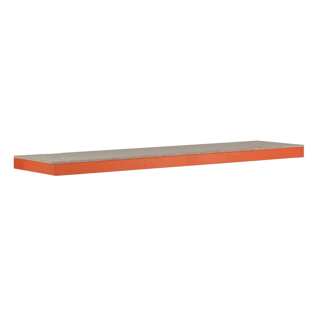 SCHULTE široká rozpätá polica s drevotrieskou, š x h 1,536 x 469 mm, oranžová Obrázok výrobku: SCHULTE široká rozpätá polica s drevotrieskou, š x h 1,536 x 469 mm, oranžová