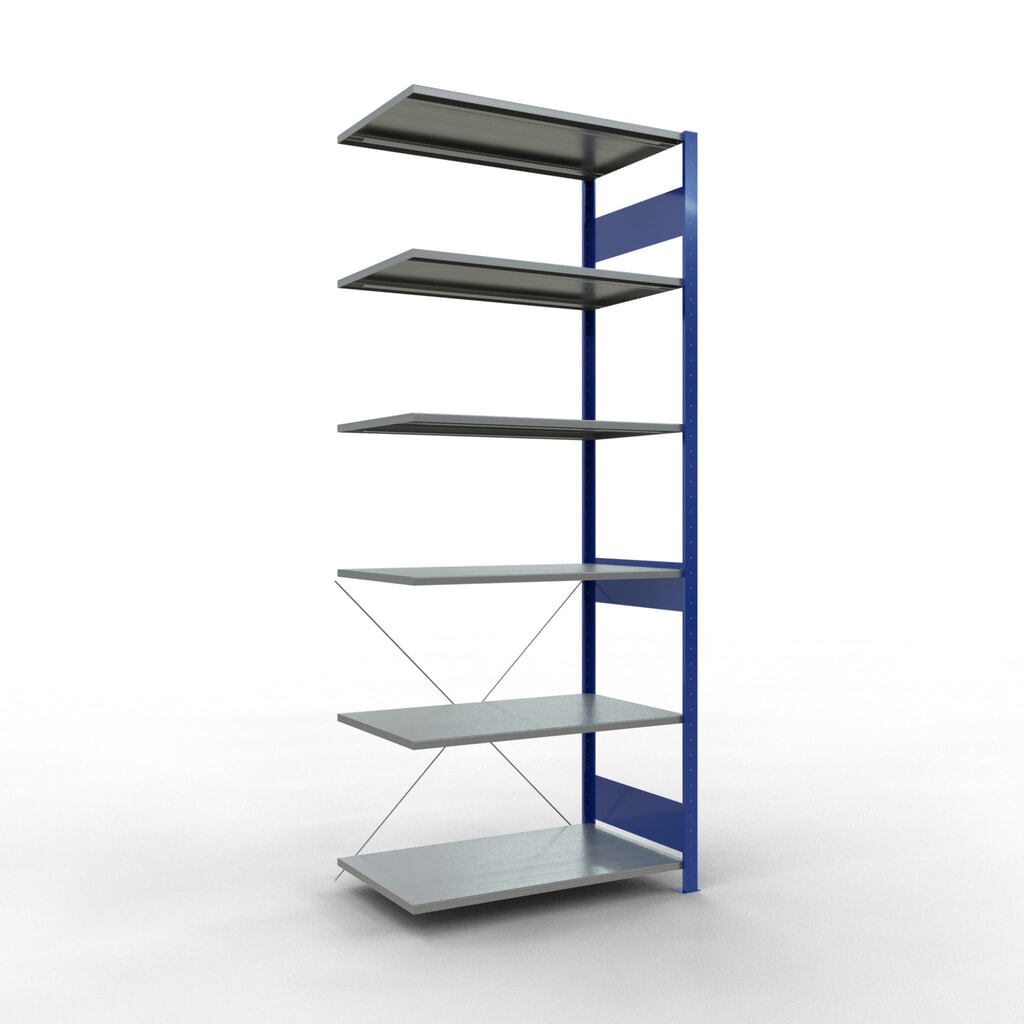Policový regál SCHULTE zásuvný systém, prídavné pole, nosnosť regálu 150 kg, horca modrá/galvanizovaný, V x Š x H 2 500 x 1 000 x 600 mm Obrázok výrobku: Policový regál SCHULTE zásuvný systém, prídavné pole, nosnosť regálu 150 kg, horca modrá/galvanizovaný, V x Š x H 2 500 x 1 000 x 600 mm