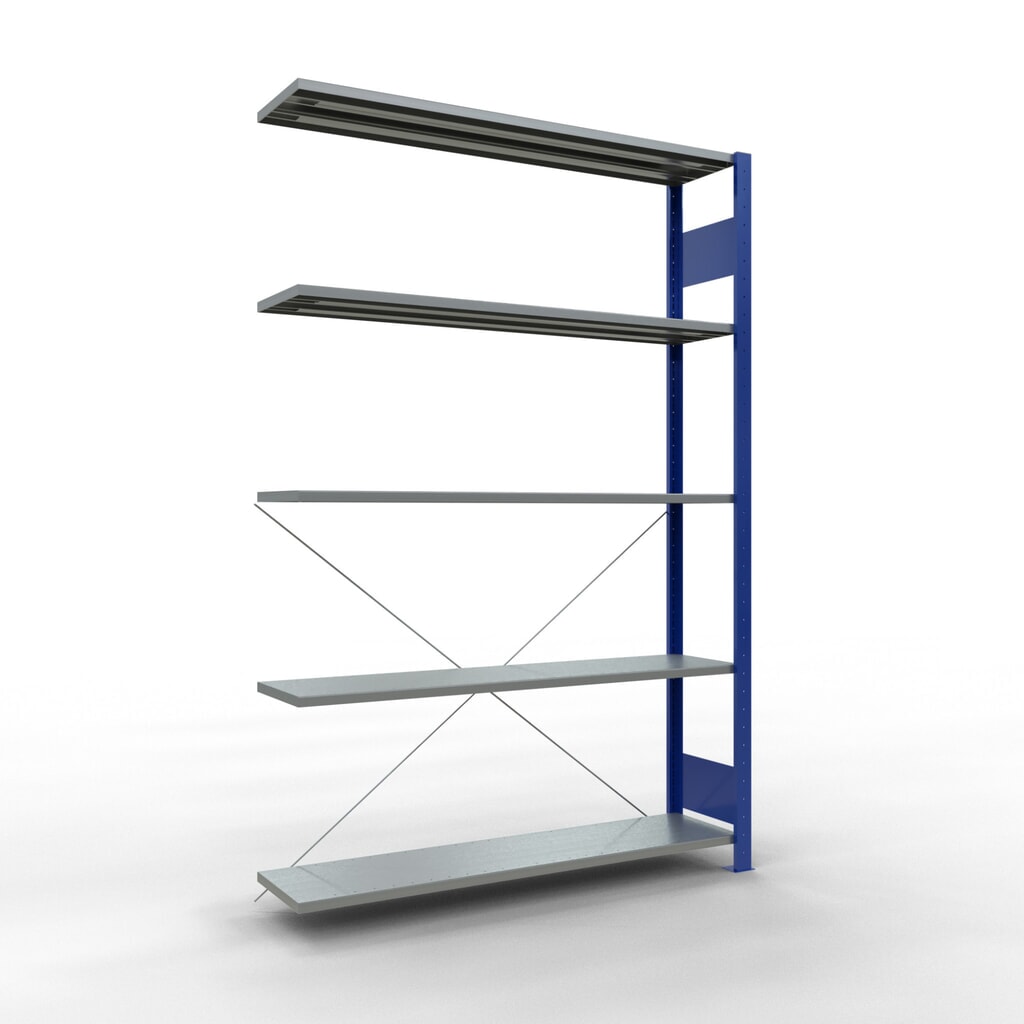 Obrázok výrobku: policový regál SCHULTE bezskrutkový systém, prídavné pole, nosnosť regálu 150 kg, horca modrá/galvanizovaný, V x Š x H 2 000 x 1 300 x 300 mm