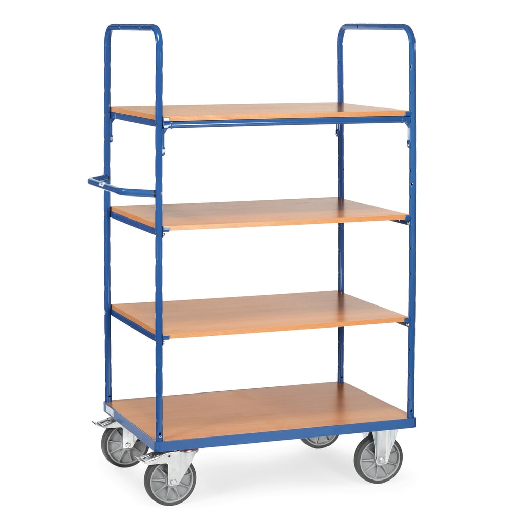 policový vozík fetra® s drevenými podlahami, 4 podlahy 1 000 x 600 mm, výška 1,800 mm Obrázok výrobku: policový vozík fetra® s drevenými podlahami, 4 podlahy 1 000 x 600 mm, výška 1,800 mm