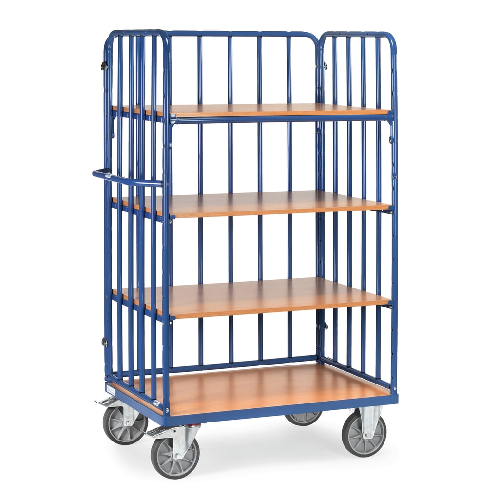 policový vozík fetra® so zvislými vzperami, 3 steny, 4 podlahy 1 000 x 600 mm, výška 1,800 mm Obrázok výrobku: policový vozík fetra® so zvislými vzperami, 3 steny, 4 podlahy 1 000 x 600 mm, výška 1,800 mm