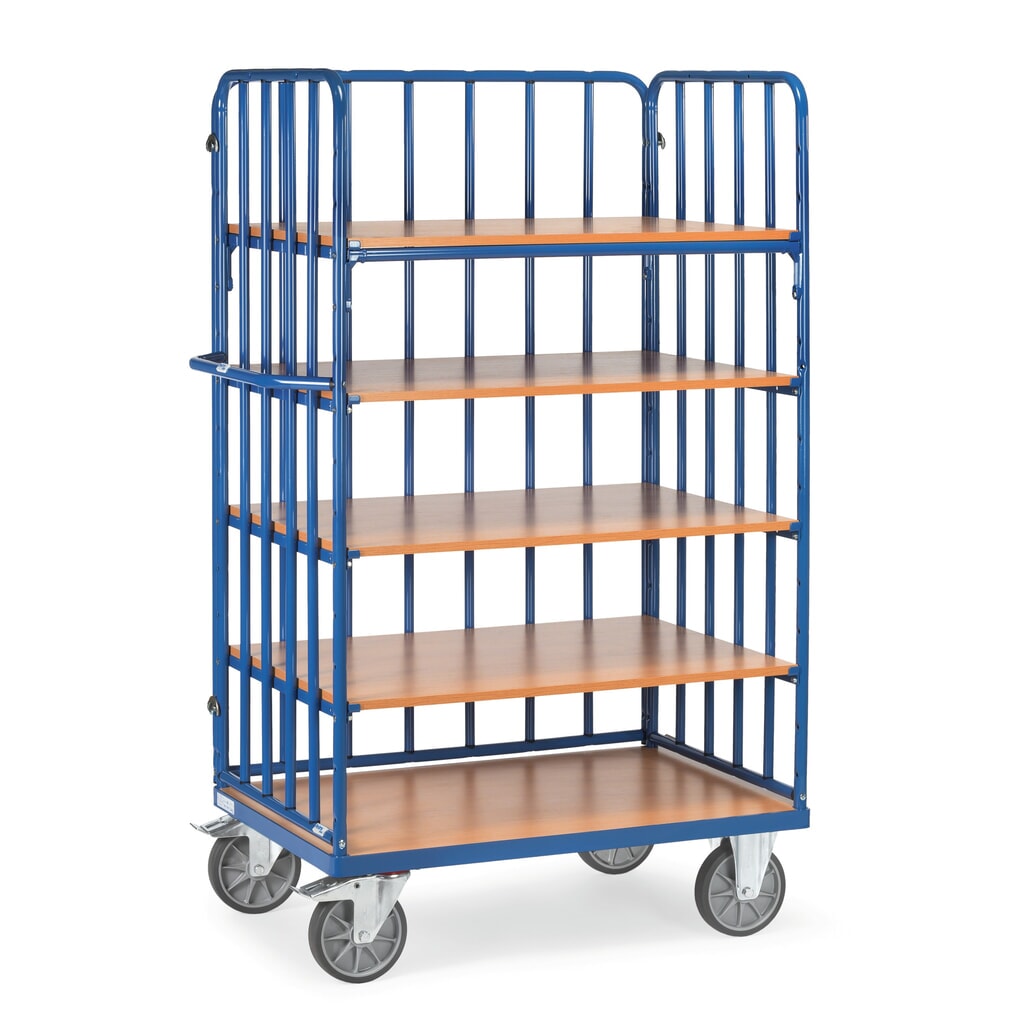 Obrázok výrobku: policový vozík fetra® so zvislými vzperami, 3 steny, 5 podlaží 1,000 x 700 mm, výška 1,800 mm