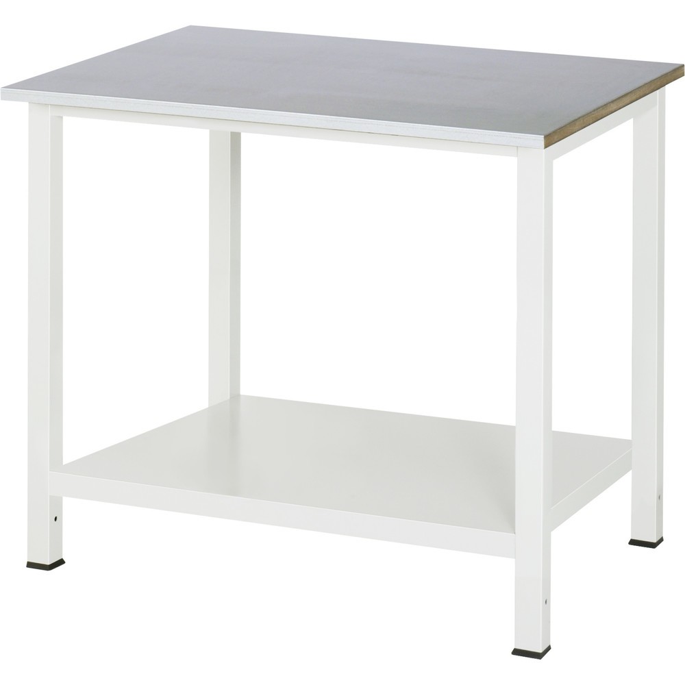 Číslo obrázka výrobku 1: Pracovný stôl RAU 900 s odkladacím dnom, hĺbka 650 mm, v × š × h 825 × 1 000 × 800 mm, pracovná doska s plechovým povrchom z nehrdzavejúcej ocele