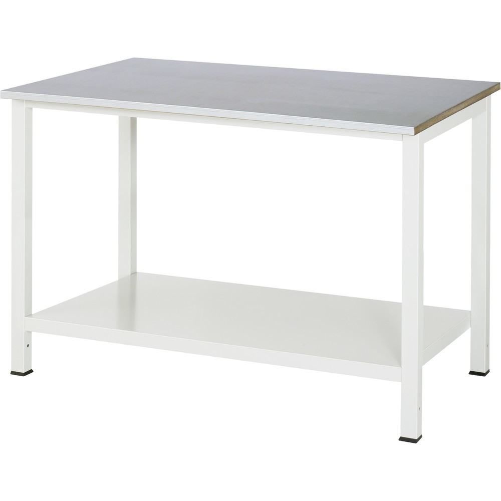 Číslo obrázka výrobku 1: Pracovný stôl RAU 900 s odkladacím dnom, hĺbka 650 mm, v × š × h 825 × 1 250 × 800 mm, pracovná doska s plechovým povrchom z nehrdzavejúcej ocele