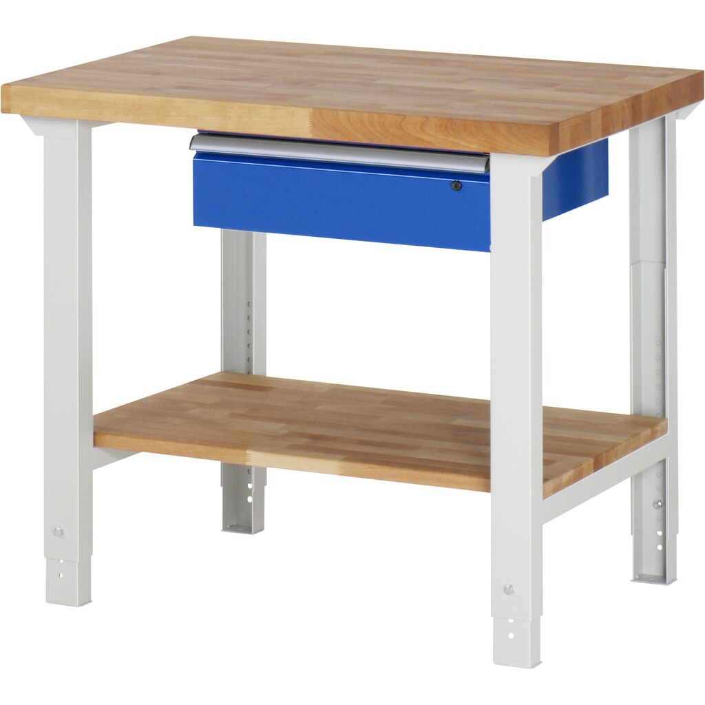 Číslo obrázka výrobku 1: Pracovný stôl RAU série 7 000, v × š × h 790 – 1 140 × 1 000 × 700 mm, s dolným odkladacím dnom, s 1 zásuvkou vpravo