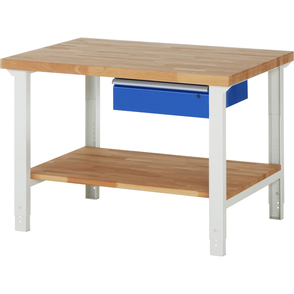 Obrázok výrobku: Pracovný stôl RAU série 7 000, v × š × h 790 – 1 140 × 1 250 × 900 mm, s dolným odkladacím dnom, s 1 zásuvkou vpravo