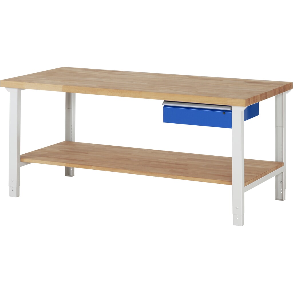 Číslo obrázka výrobku 1: Pracovný stôl RAU série 7 000, v × š × h 790 – 1 140 × 2 000 × 900 mm, s dolným odkladacím dnom, s 1 zásuvkou vpravo