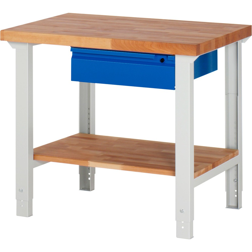 Číslo obrázka výrobku 1: Pracovný stôl RAU série 7000, 1 odkladacie dno z bukového masívu, v × š × h 790 – 1 140 × 1 000 × 700 mm, 1 zásuv. 1 × 150 mm