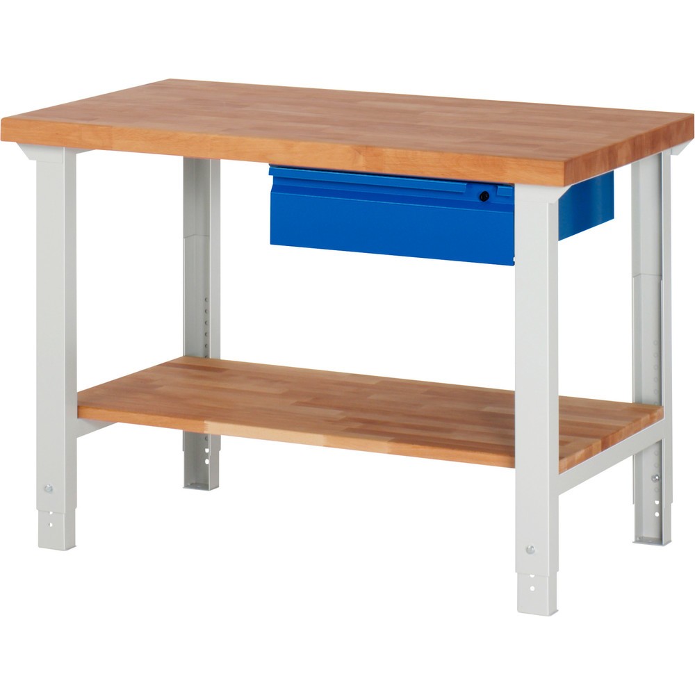 Číslo obrázka výrobku 1: Pracovný stôl RAU série 7000, 1 odkladacie dno z bukového masívu, v × š × h 790 – 1 140 × 1 250 × 700 mm, 1 zásuv. 1 × 150 mm