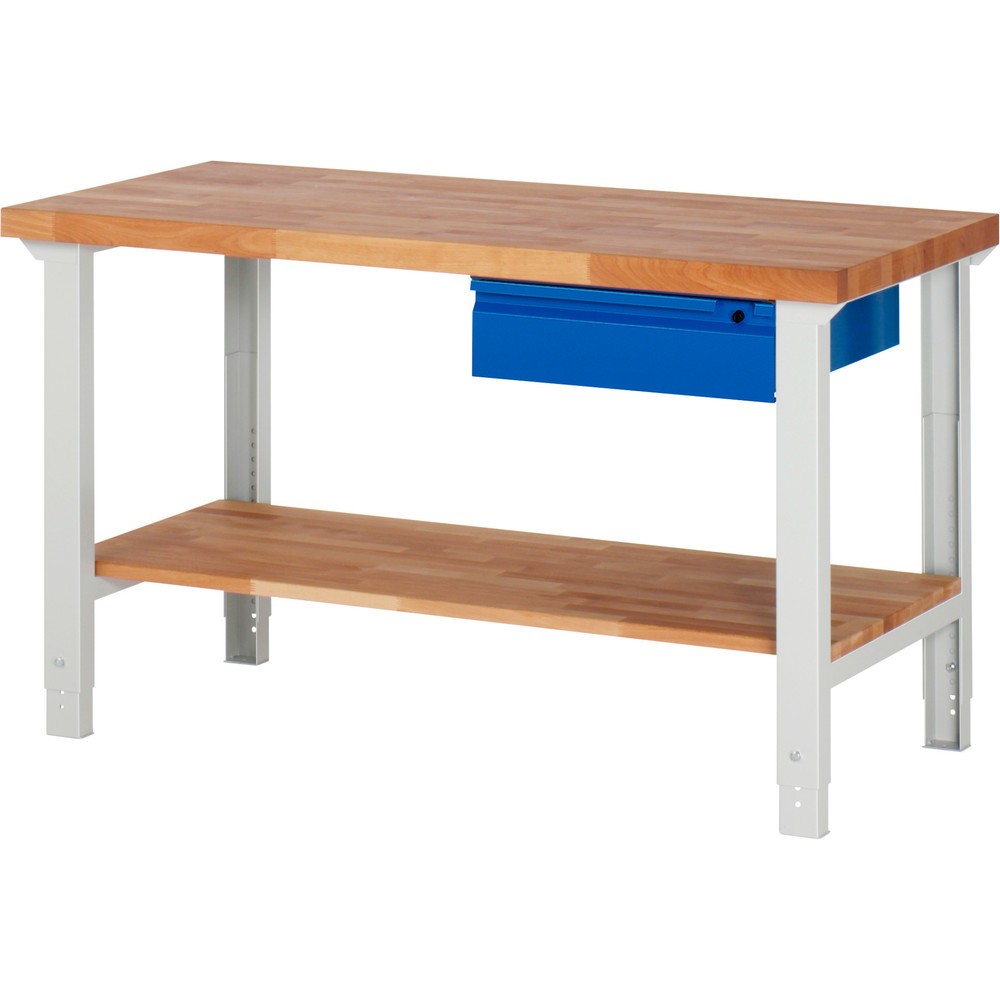 Obrázok výrobku: Pracovný stôl RAU série 7000, 1 odkladacie dno z bukového masívu, v × š × h 790 – 1 140 × 1 500 × 700 mm, 1 zásuv. 1 × 150 mm
