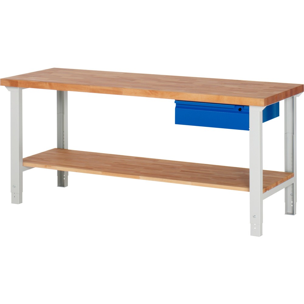 Číslo obrázka výrobku 1: Pracovný stôl RAU série 7000, 1 odkladacie dno z bukového masívu, v × š × h 790 – 1 140 × 2 000 × 700 mm, 1 zásuv. 1 × 150 mm