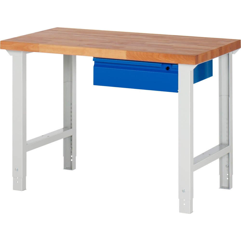 Číslo obrázka výrobku 1: Pracovný stôl RAU série 7000, v × š × h 790 – 1 140 × 1 250 × 700 mm, 1 zásuv., 1 × 150 mm