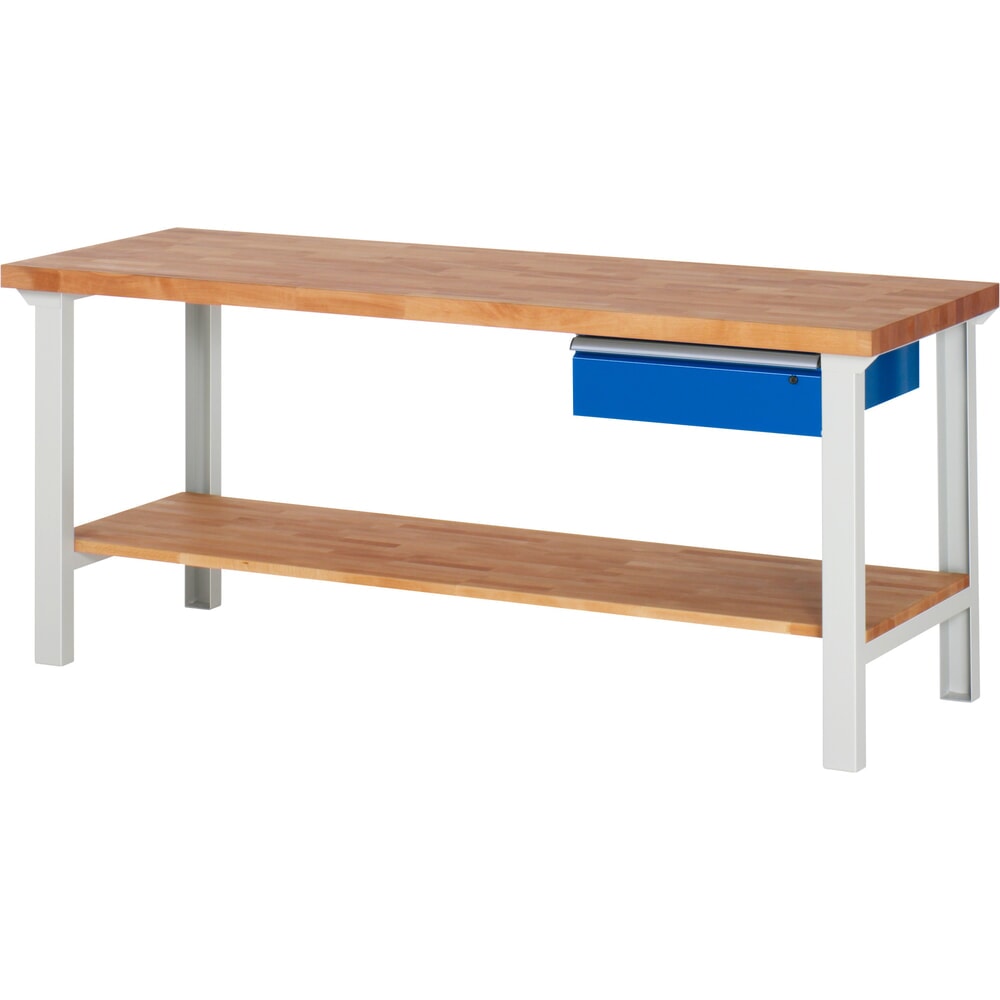 Číslo obrázka výrobku 1: Pracovný stôl RAU série 7000, 1 odkladacie dno z bukového masívu, v × š × h 840 × 2 000 × 700 mm, 1 zásuvka 1 × 150 mm
