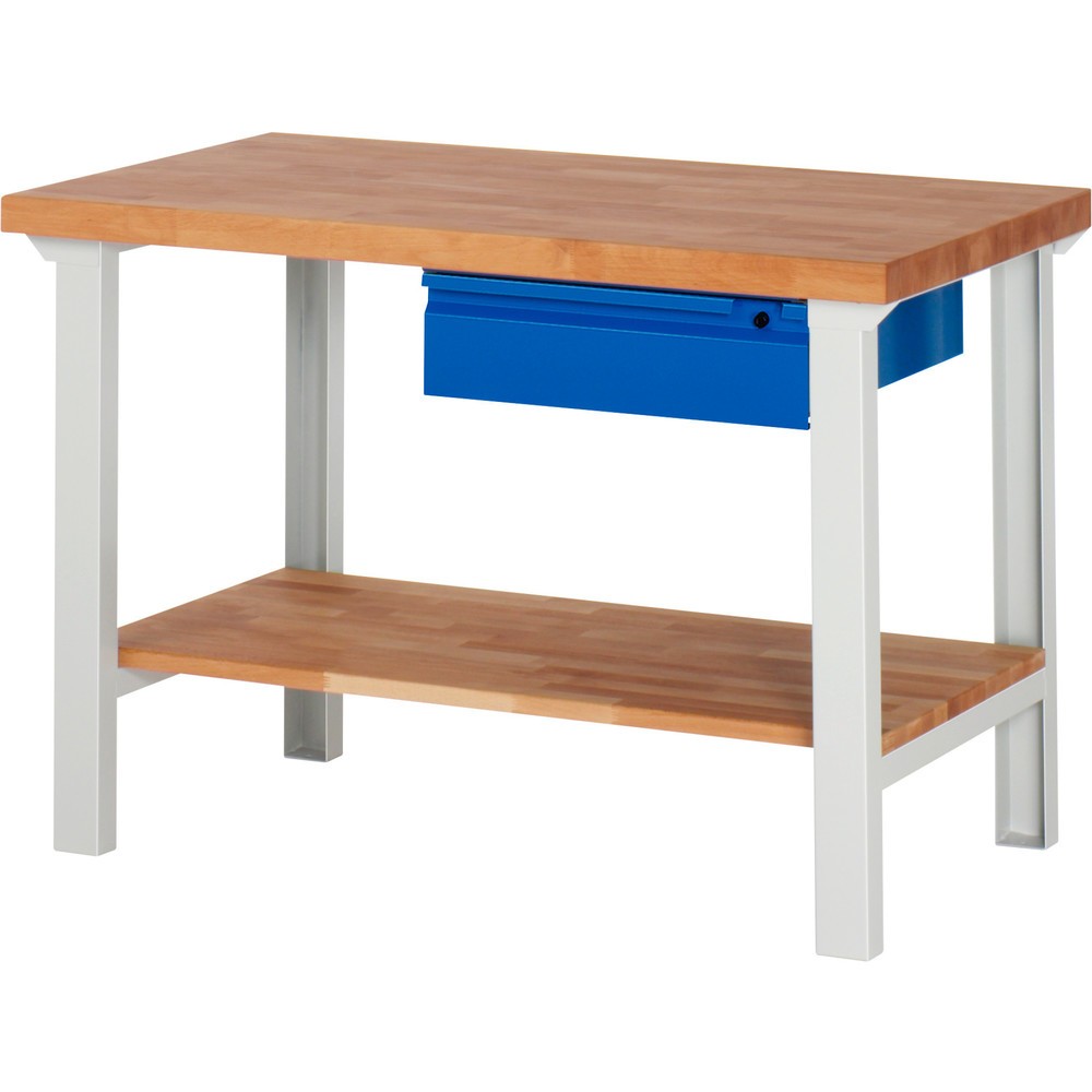 Obrázok výrobku: Pracovný stôl RAU série 7000, 1 odkladacie dno z bukového masívu, v × š × h 840 × 1 250 × 700 mm, 1 zásuvka 1 × 150 mm