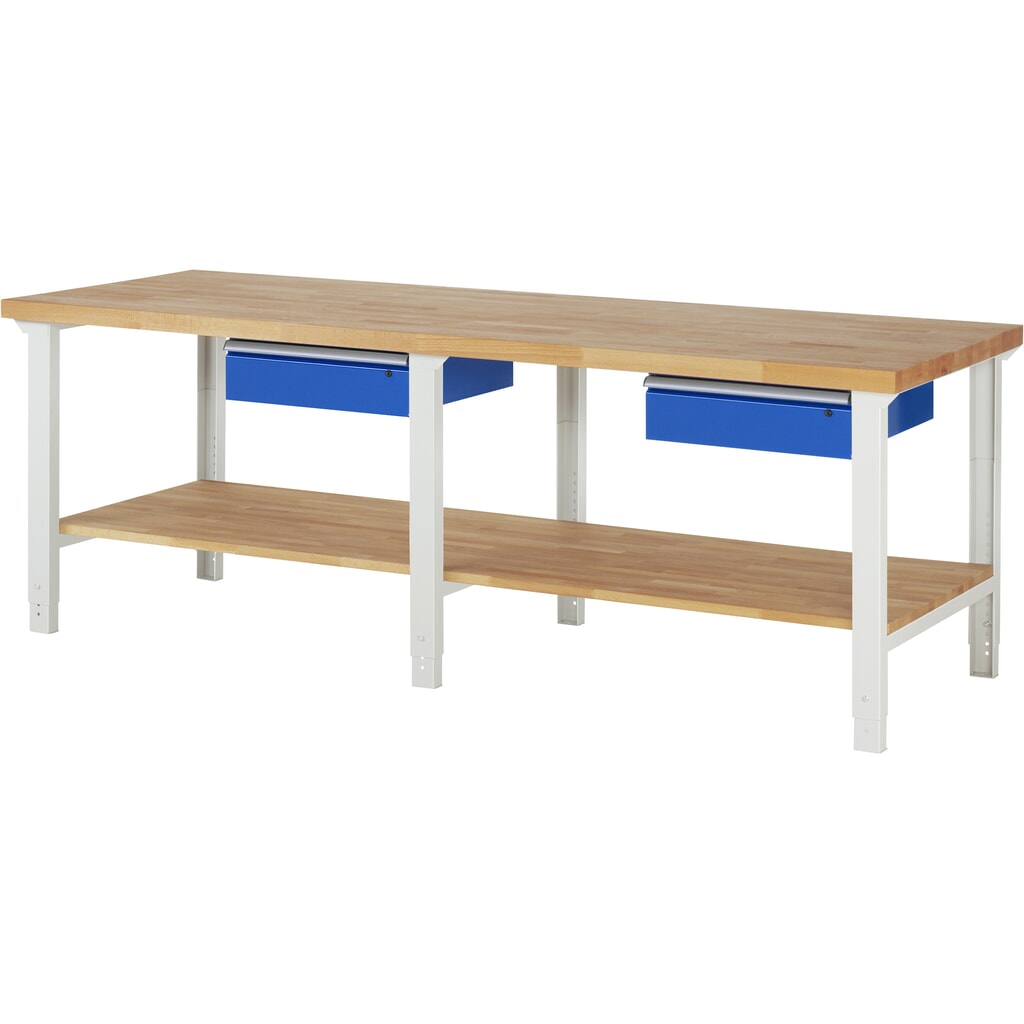 Obrázok výrobku: Pracovný stôl RAU série 7 000, v × š × h 790 – 1 140 × 2 500 × 900 mm, s dolným odkladacím dnom, s 2 zásuvkami