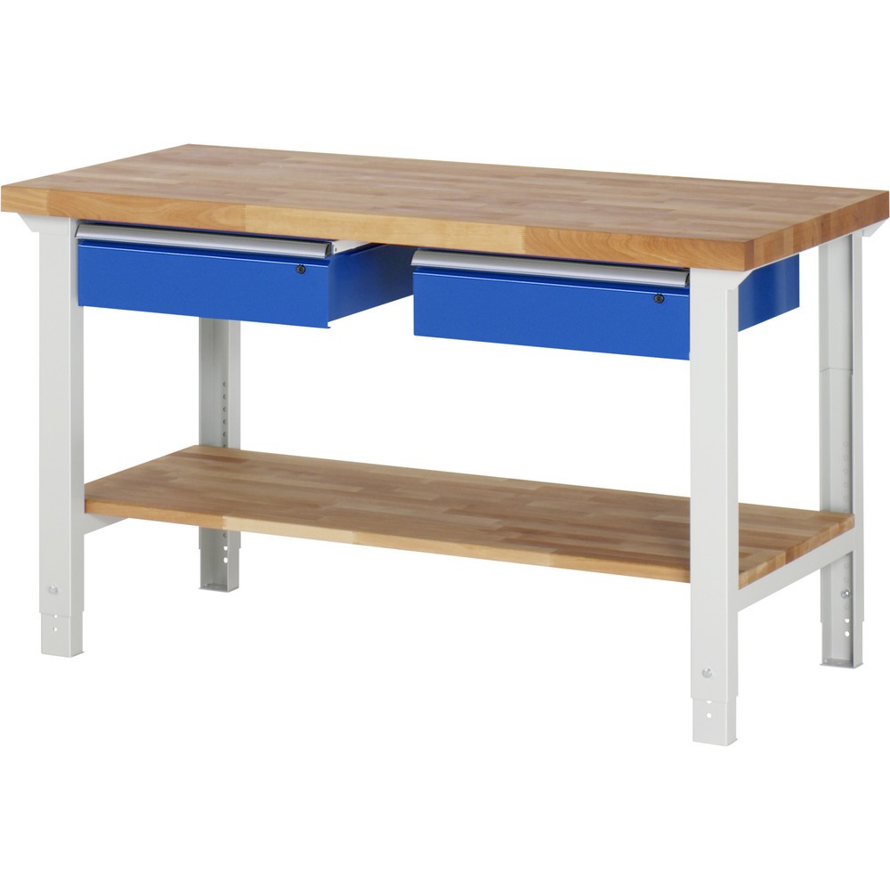 Číslo obrázka výrobku 1: Pracovný stôl RAU série 7000, 1 odkladacie dno z bukového masívu, v × š × h 790 – 1 140 × 1 500 × 700 mm, 2 zásuv. 2 × 150 mm