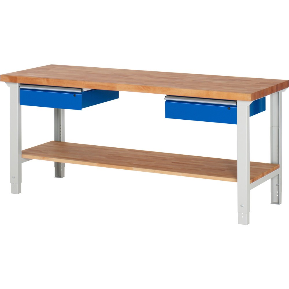 Číslo obrázka výrobku 1: Pracovný stôl RAU série 7000, 1 odkladacie dno z bukového masívu, v × š × h 790 – 1 140 × 2 000 × 700 mm, 2 zásuv. 2 × 150 mm