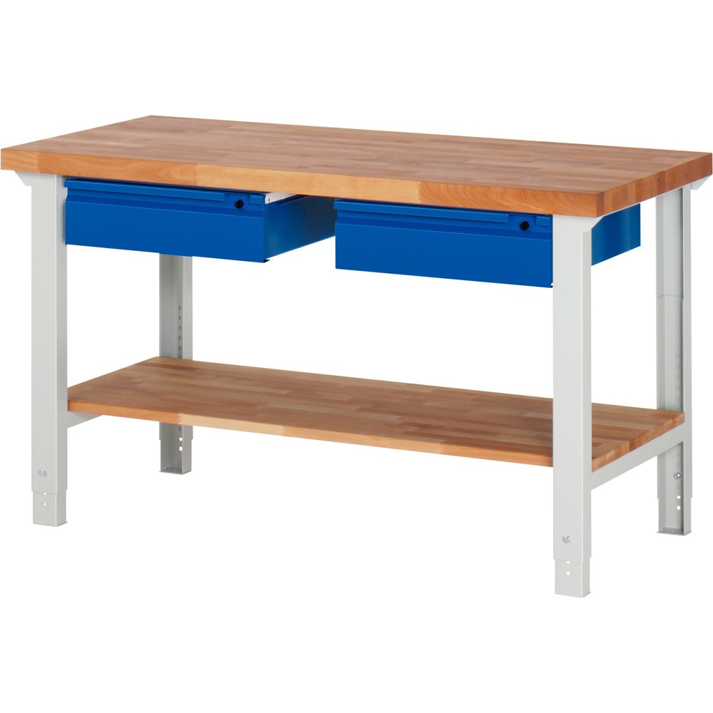 Číslo obrázka výrobku 1: Pracovný stôl RAU série 7000, 1 odkladacie dno z bukového masívu, v × š × h 790 – 1 140 × 1 500 × 700 mm, 2 zásuv. 2 × 150 mm
