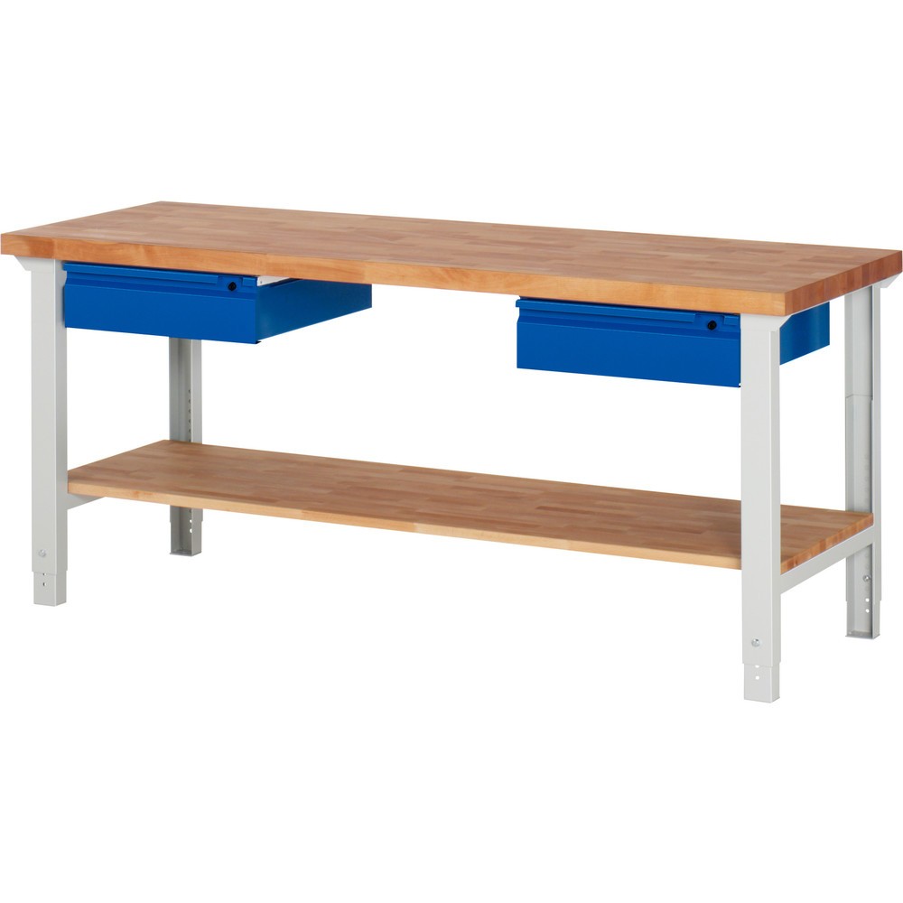 Číslo obrázka výrobku 1: Pracovný stôl RAU série 7000, 1 odkladacie dno z bukového masívu, v × š × h 790 – 1 140 × 2 000 × 700 mm, 2 zásuv. 2 × 150 mm