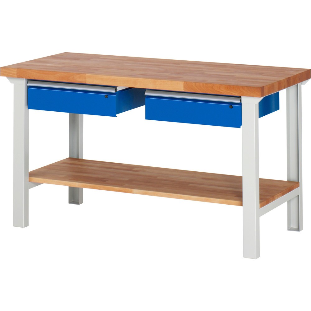 Číslo obrázka výrobku 1: Pracovný stôl RAU série 7000, 1 odkladacie dno z bukového masívu, v × š × h 840 × 1 500 × 700 mm, 2 zásuv. 2 × 150 mm
