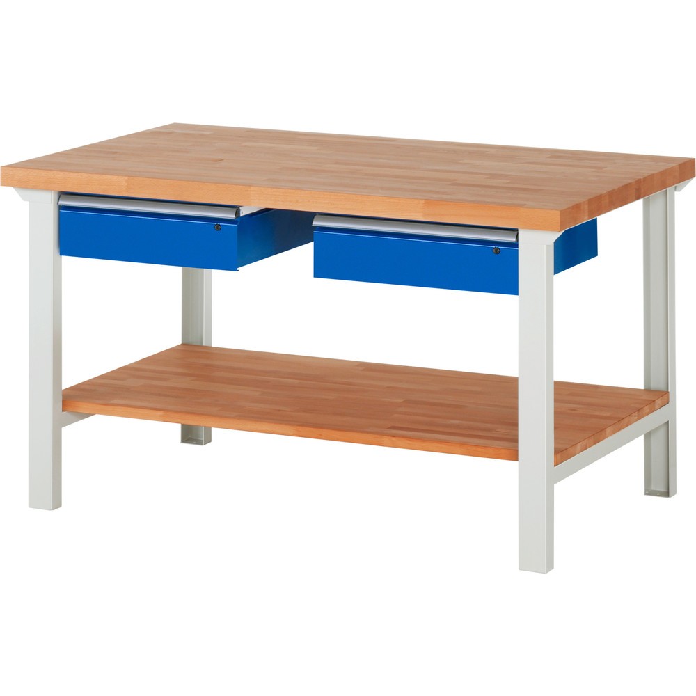 Číslo obrázka výrobku 1: Pracovný stôl RAU série 7000, 1 odkladacie dno z bukového masívu, v × š × h 840 × 1 500 × 900 mm, 2 zásuv. 2 × 150 mm