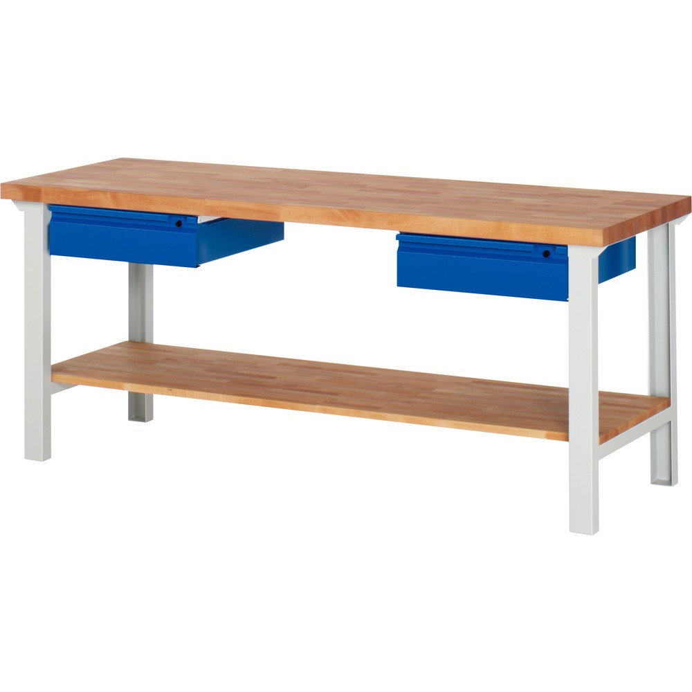Obrázok výrobku: Pracovný stôl RAU série 7000, 1 odkladacie dno z bukového masívu, v × š × h 840 × 2 000 × 700 mm, 2 zásuv. 2 × 150 mm