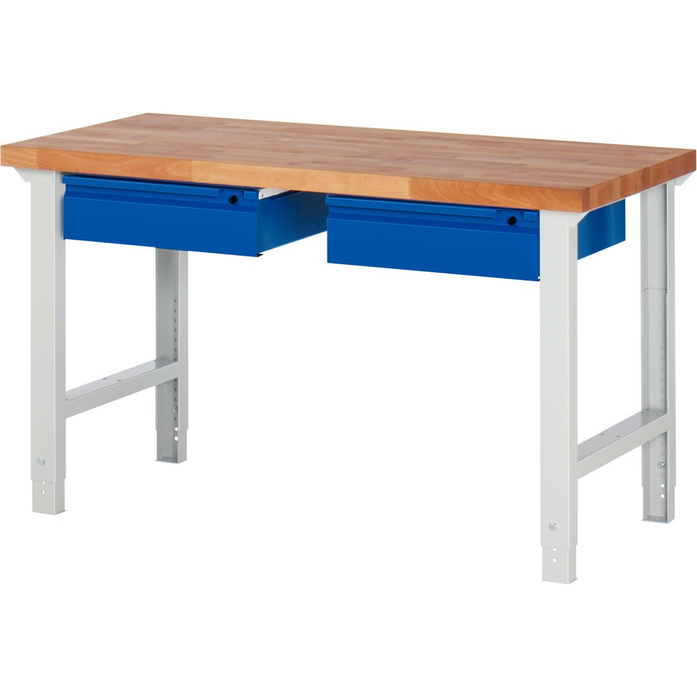 Číslo obrázka výrobku 1: Pracovný stôl RAU série 7000, v × š × h 790 – 1 140 × 1 500 × 700 mm, 2 zásuv., 2 × 150 mm