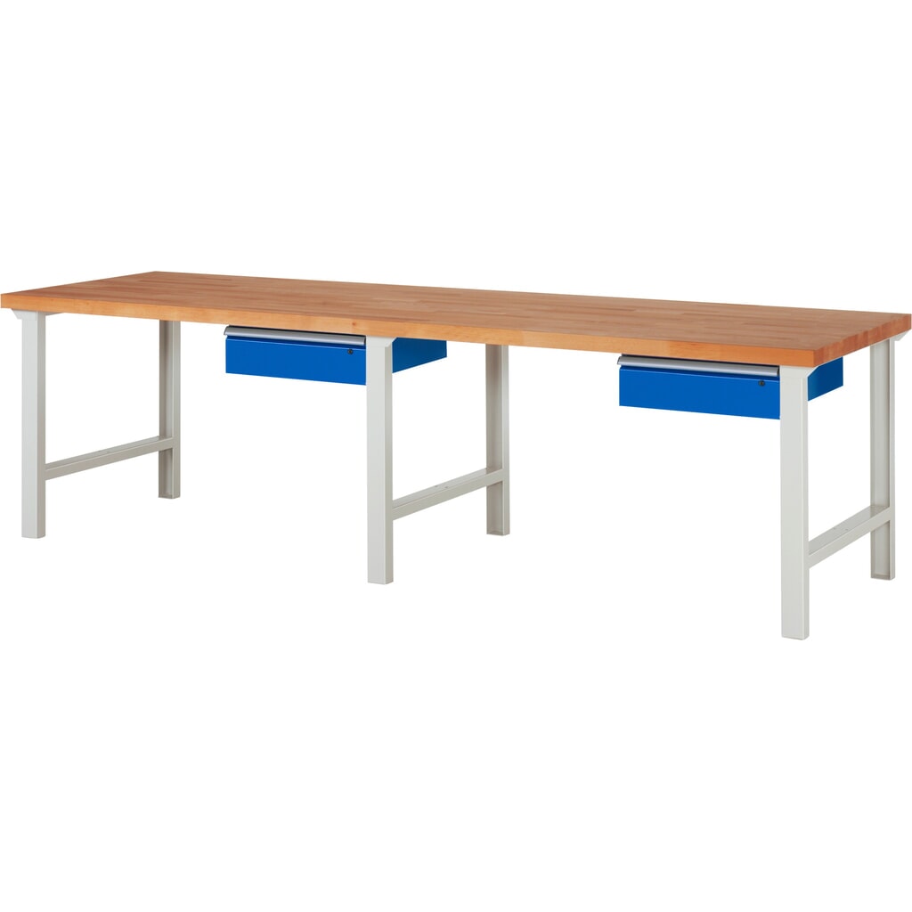Pracovný stôl RAU série 7 000, v × š × h 790 – 1 140 × 3 000 × 900 mm, s 2 zásuvkami Obrázok výrobku: Pracovný stôl RAU série 7 000, v × š × h 790 – 1 140 × 3 000 × 900 mm, s 2 zásuvkami