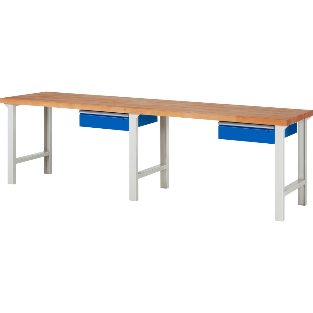 Číslo obrázka výrobku 1: Pracovný stôl RAU série 7000, v × š × h 840 × 3 000 × 700 mm, 2 zásuv., 2 × 150 mm