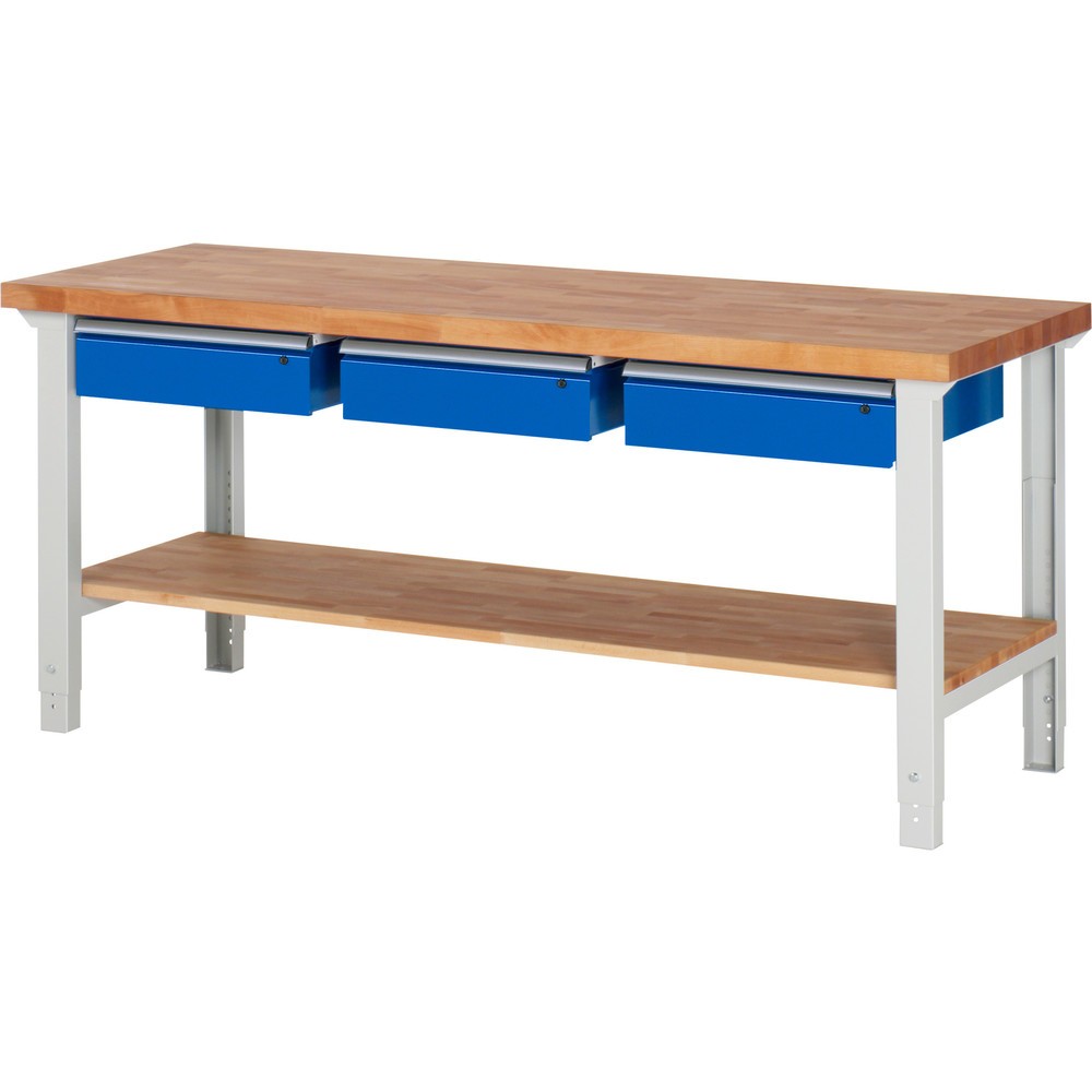 Číslo obrázka výrobku 1: Pracovný stôl RAU série 7000, 1 odkladacie dno z bukového masívu, v × š × h 790 – 1 140 × 2 000 × 700 mm, 3 zásuv. 3 × 150 mm