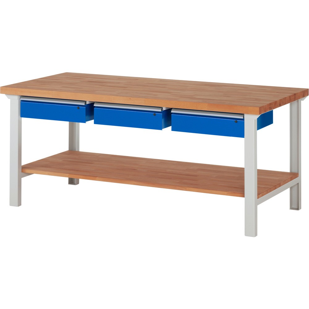 Obrázok výrobku: Pracovný stôl RAU série 7000, 1 odkladacie dno z bukového masívu, v × š × h 840 × 2 000 × 900 mm, 3 zásuv. 3 × 150 mm