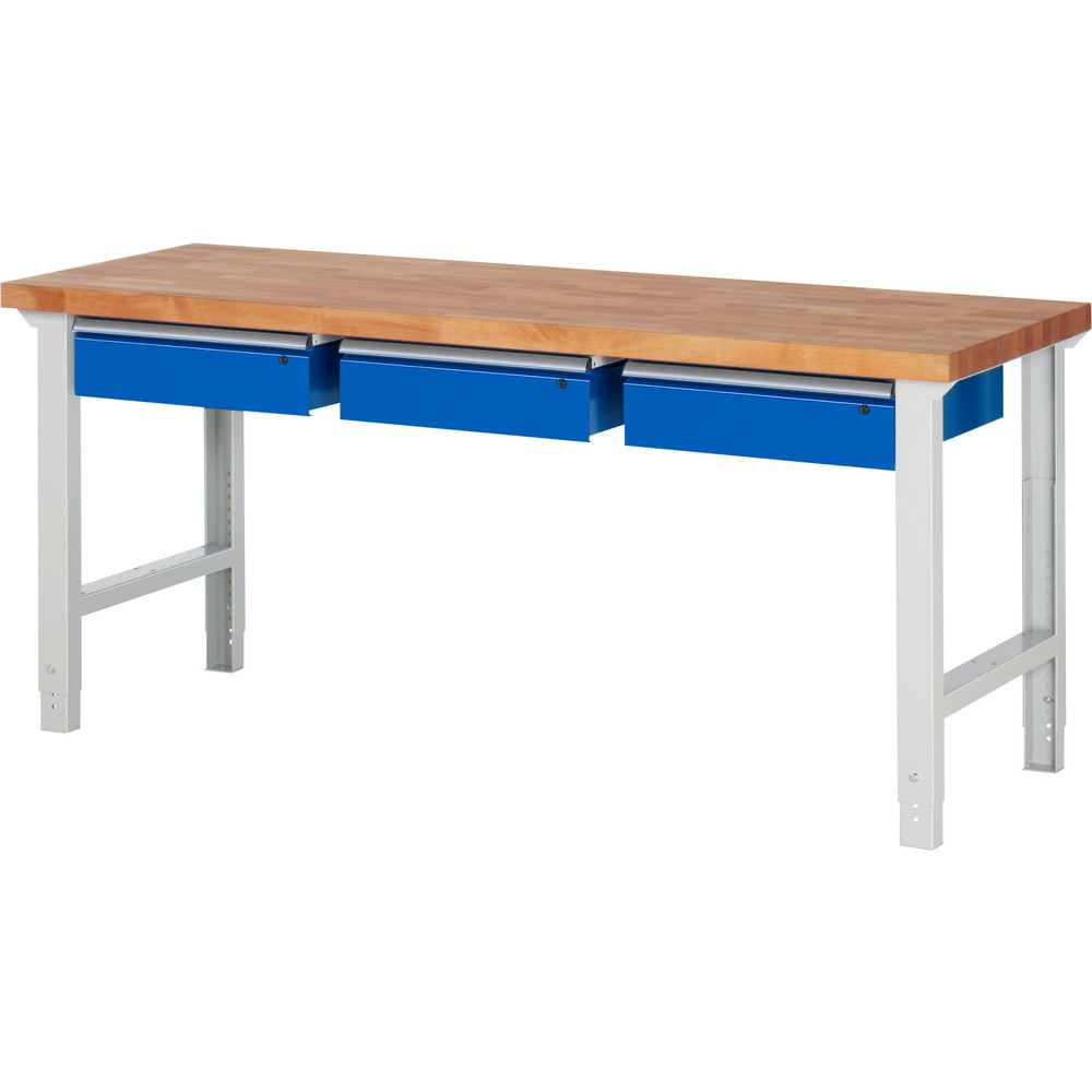 Číslo obrázka výrobku 1: Pracovný stôl RAU série 7000, v × š × h 790 – 1 140 × 2 000 × 700 mm, 3 zásuv. 3 × 150 mm, nosnosť zásuv. 50 kg