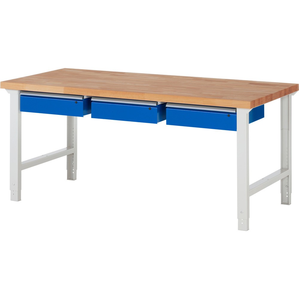 Číslo obrázka výrobku 1: Pracovný stôl RAU série 7000, v × š × h 790 – 1 140 × 2 000 × 900 mm, 3 zásuv. 3 × 150 mm, nosnosť zásuv. 50 kg
