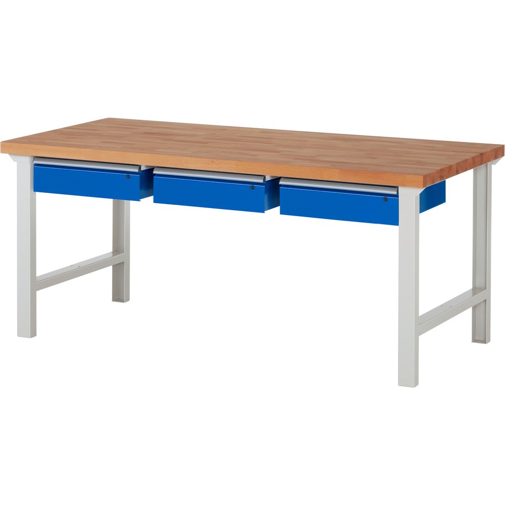 Obrázok výrobku: Pracovný stôl RAU série 7000, v × š × h 840 × 2 000 × 900 mm, 3 zásuv. 3 × 150 mm, nosnosť zásuv. 50 kg