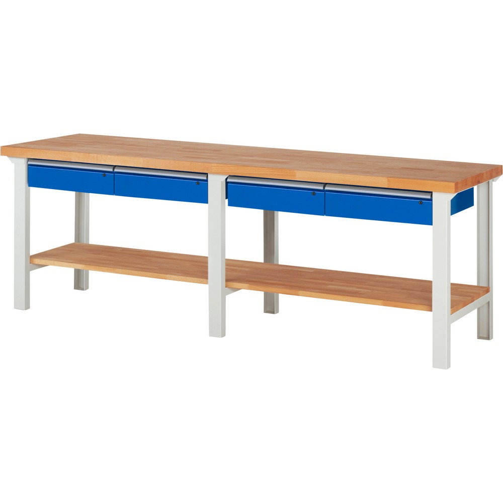 Číslo obrázka výrobku 1: Pracovný stôl RAU série 7000, 1 odkladacie dno z bukového masívu, v × š × h 840 × 2 500 × 700 mm, 4 zásuv. 4 × 150 mm