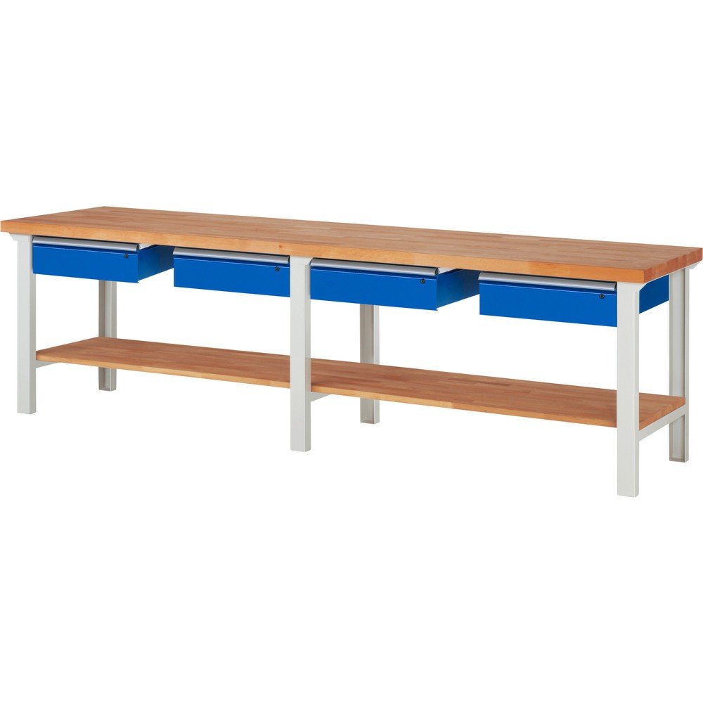 Obrázok výrobku: Pracovný stôl RAU série 7000, 1 odkladacie dno z bukového masívu, v × š × h 840 × 3 000 × 700 mm, 4 zásuv. 4 × 150 mm