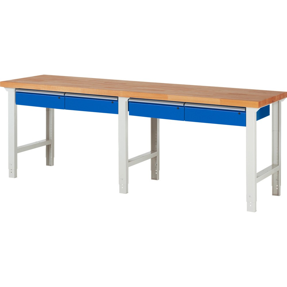 Číslo obrázka výrobku 1: Pracovný stôl RAU série 7000, v × š × h 790 – 1 140 × 2 500 × 700 mm, 4 zásuv., 4 × 150 mm
