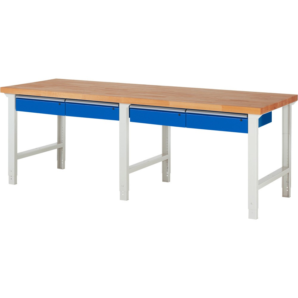 Číslo obrázka výrobku 1: Pracovný stôl RAU série 7000, v × š × h 790 – 1 140 × 2 500 × 900 mm, 4 zásuv., 4 × 150 mm