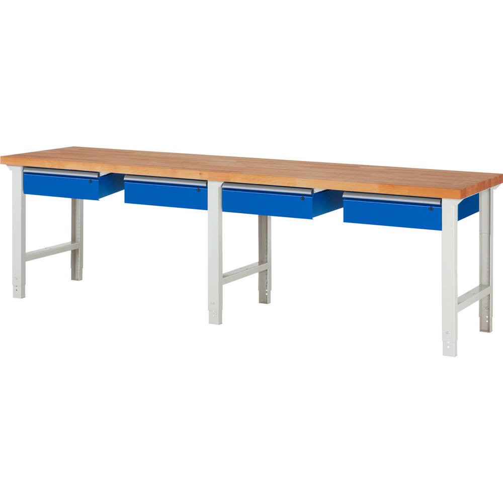 Číslo obrázka výrobku 1: Pracovný stôl RAU série 7000, v × š × h 790 – 1 140 × 3 000 × 700 mm, 4 zásuv., 4 × 150 mm