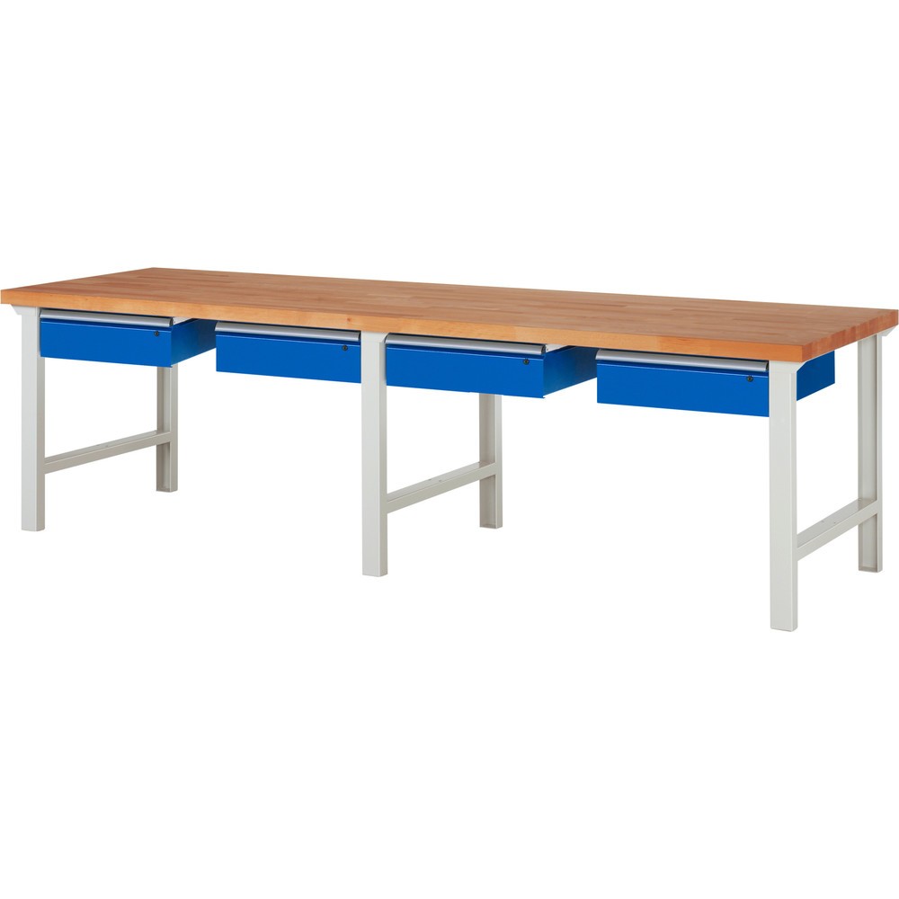 Číslo obrázka výrobku 1: Pracovný stôl RAU série 7000, v × š × h 840 × 3 000 × 900 mm, 4 zásuv., 4 × 150 mm