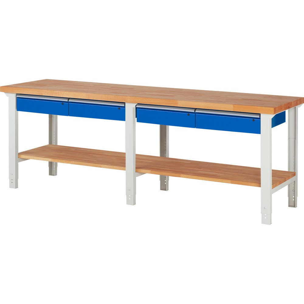 Číslo obrázka výrobku 1: Pracovný stôl RAU série 7000, 1 odkladacie dno z bukového masívu, v × š × h 790 – 1 140 × 2 500 × 700 mm, 4 zásuv. 4 × 150 mm