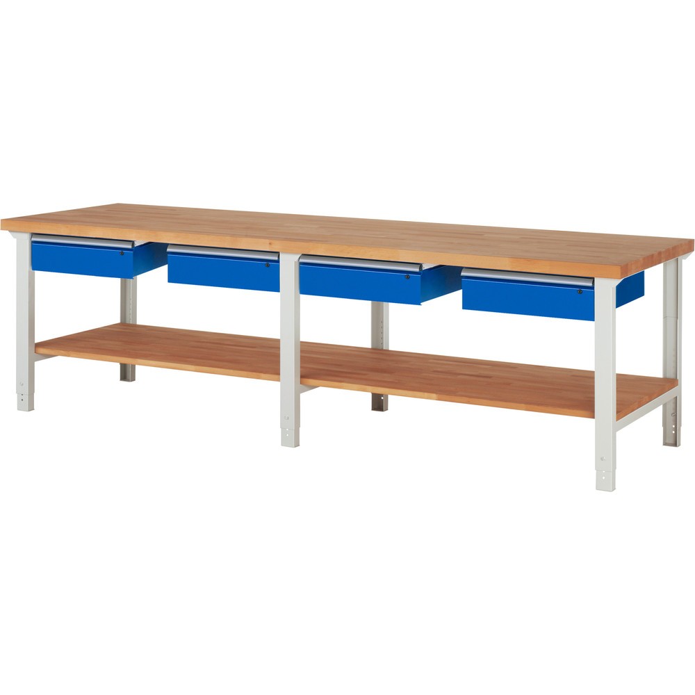 Číslo obrázka výrobku 1: Pracovný stôl RAU série 7000, 1 odkladacie dno z bukového masívu, v × š × h 790 – 1 140 × 3 000 × 900 mm, 4 zásuv. 4 × 150 mm