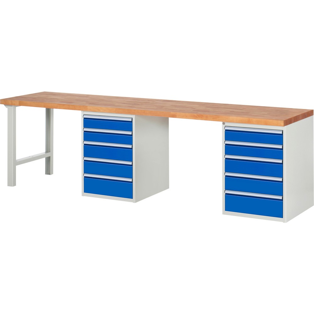 Obrázok výrobku: Pracovný stôl RAU série 7000, počet kontajnerov: 2, v × š × h 840 × 3 000 × 700 mm, 10 zásuv., 4 × 120 mm, 4 × 150 mm, 2 × 180 mm