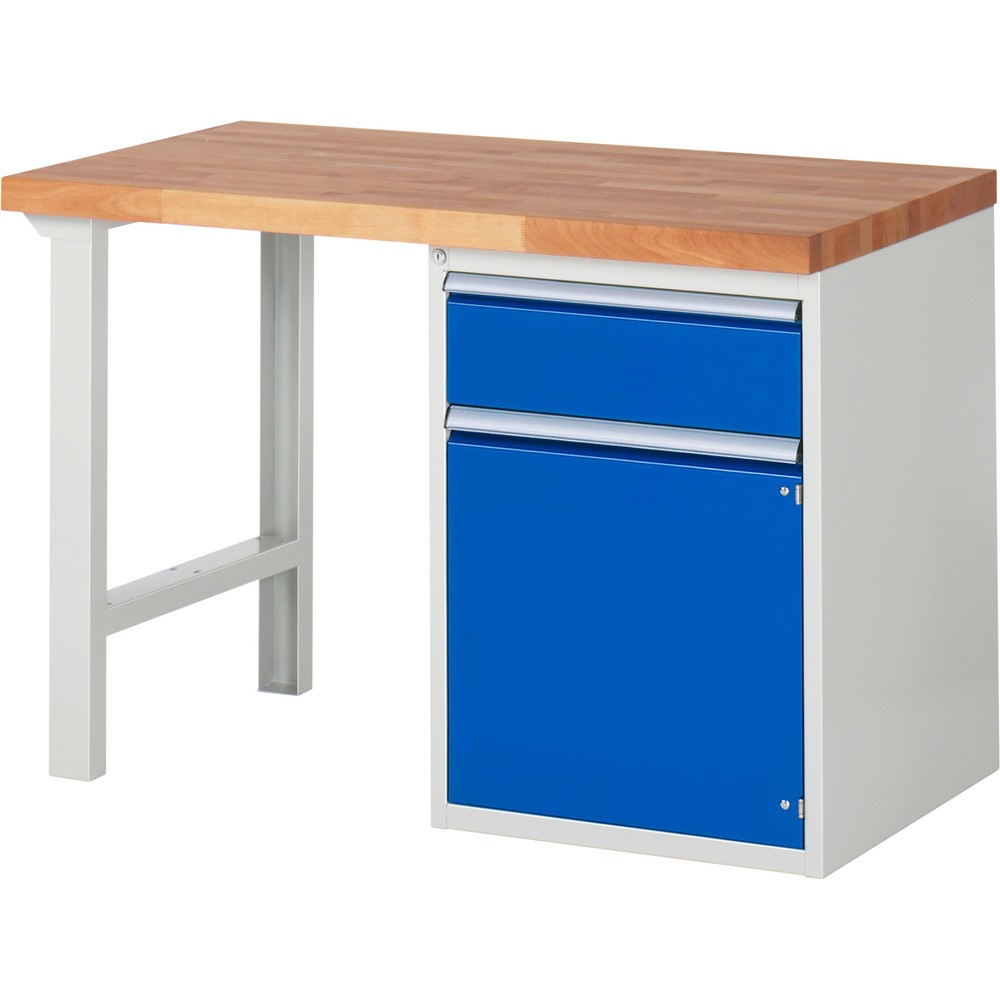 Obrázok výrobku: Pracovný stôl RAU série 7000, počet kontajnerov: 1, v × š × h 840 × 1 250 × 700 mm, 1 zásuv. s 90 % vysunutím, 1 krídlové dvere, 1 polica