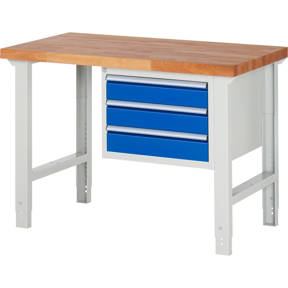 Číslo obrázka výrobku 1: Pracovný stôl RAU série 7000, počet kontajnerov: 1, v × š × h 790 – 1 140 × 1 250 × 700 mm, 3 zásuv. s 90 % vysunutím, 3 × 120 mm