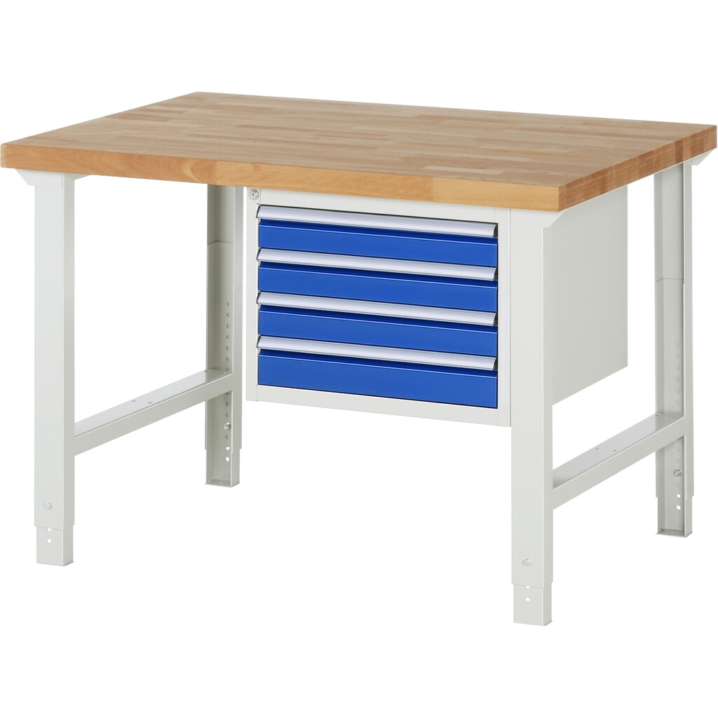 Pracovný stôl RAU série 7 000, v × š × h 790 – 1 140 × 1 250 × 900 mm, 1 podstavný kontajner vpravo, s 4 zásuvkami Číslo obrázka výrobku 1: Pracovný stôl RAU série 7 000, v × š × h 790 – 1 140 × 1 250 × 900 mm, 1 podstavný kontajner vpravo, s 4 zásuvkami