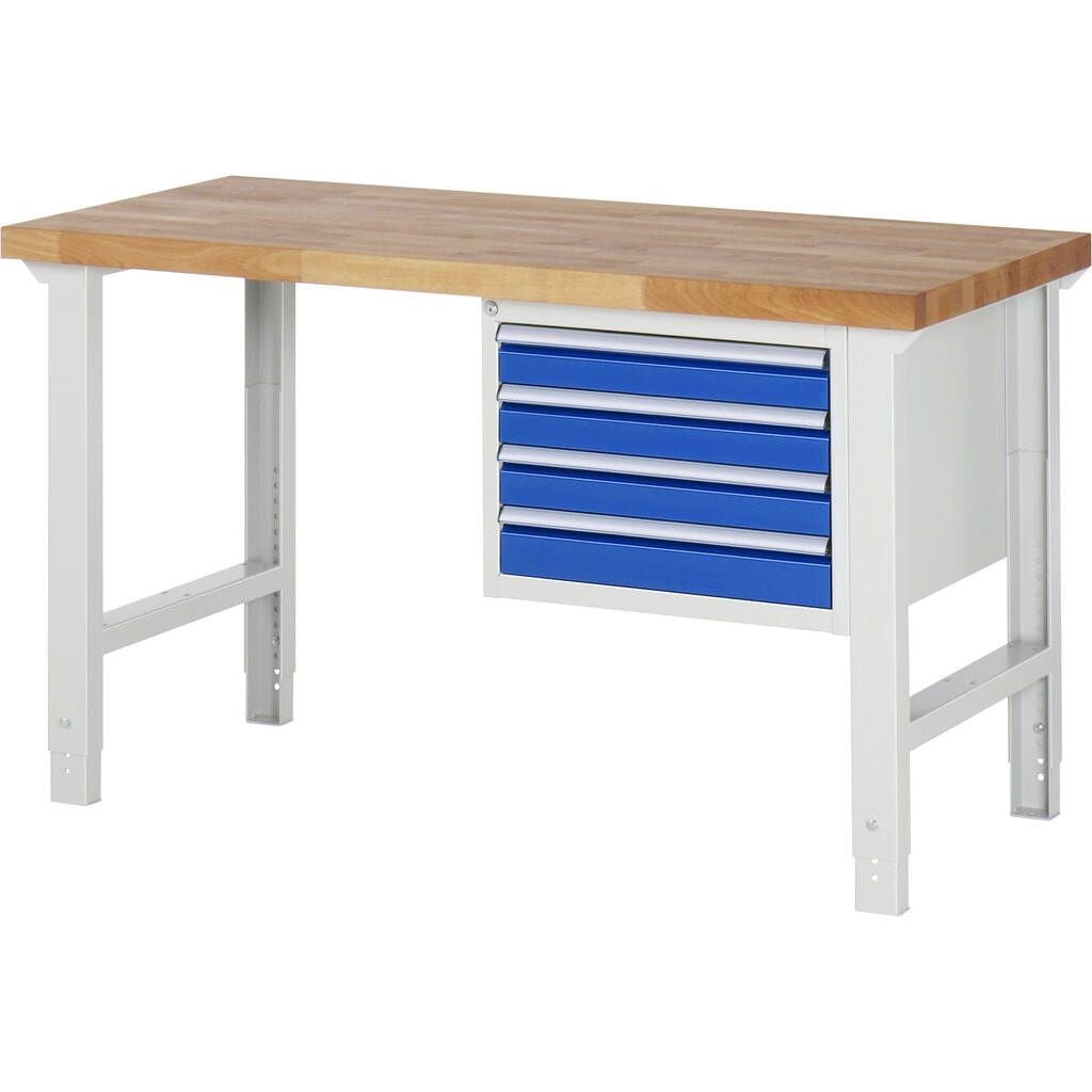 Pracovný stôl RAU série 7 000, v × š × h 790 – 1 140 × 1 500 × 700 mm, 1 podstavný kontajner vpravo, s 4 zásuvkami Obrázok výrobku: Pracovný stôl RAU série 7 000, v × š × h 790 – 1 140 × 1 500 × 700 mm, 1 podstavný kontajner vpravo, s 4 zásuvkami