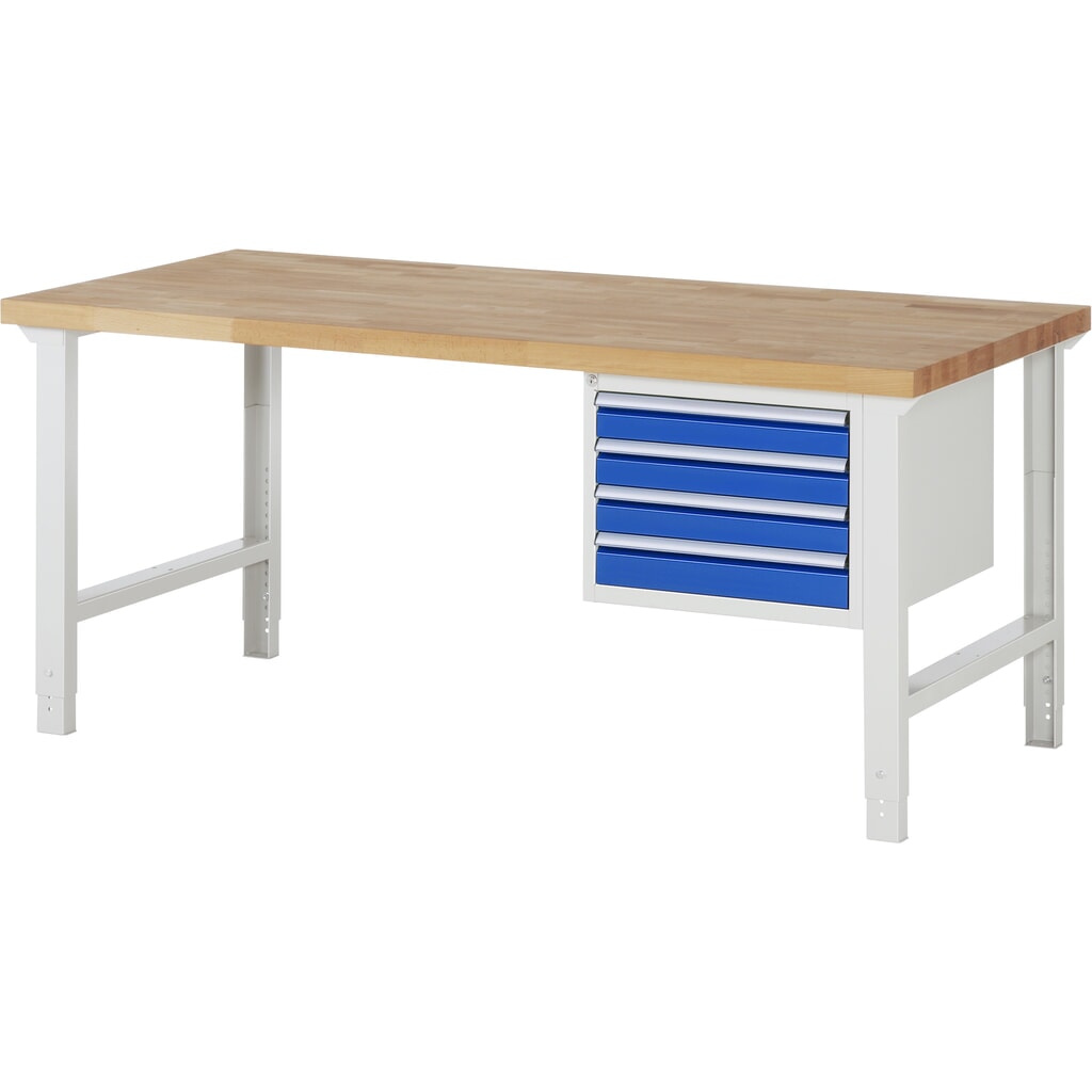 Pracovný stôl RAU série 7 000, v × š × h 790 – 1 140 × 2 000 × 900 mm, 1 podstavný kontajner vpravo, s 4 zásuvkami Číslo obrázka výrobku 1: Pracovný stôl RAU série 7 000, v × š × h 790 – 1 140 × 2 000 × 900 mm, 1 podstavný kontajner vpravo, s 4 zásuvkami